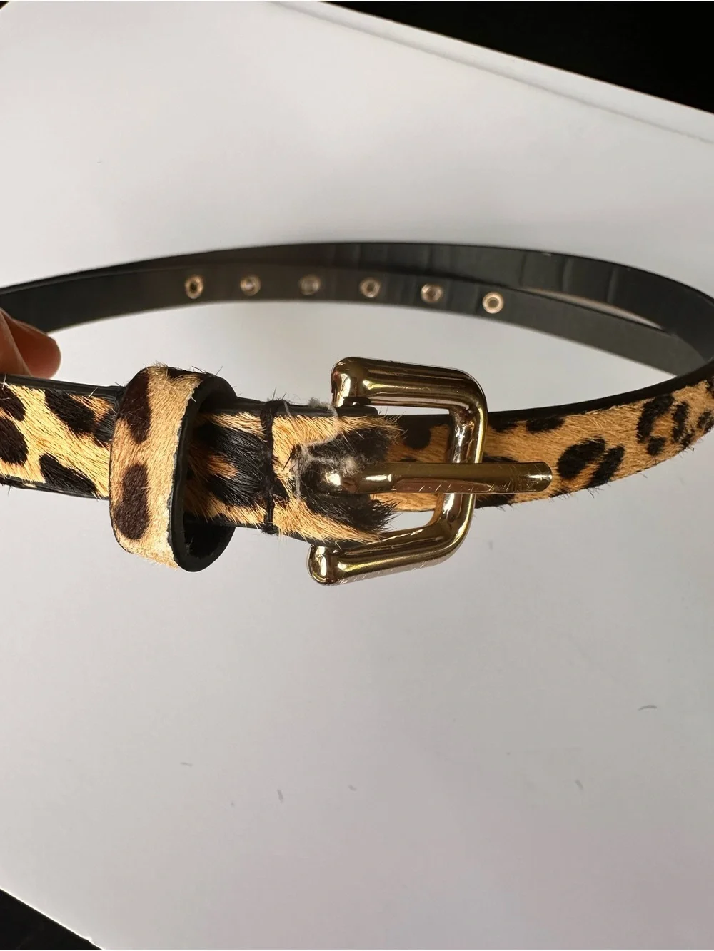 Express Leopard Print Faux-Hair Skinny Belt with Gold Buckle - Women's Accessory